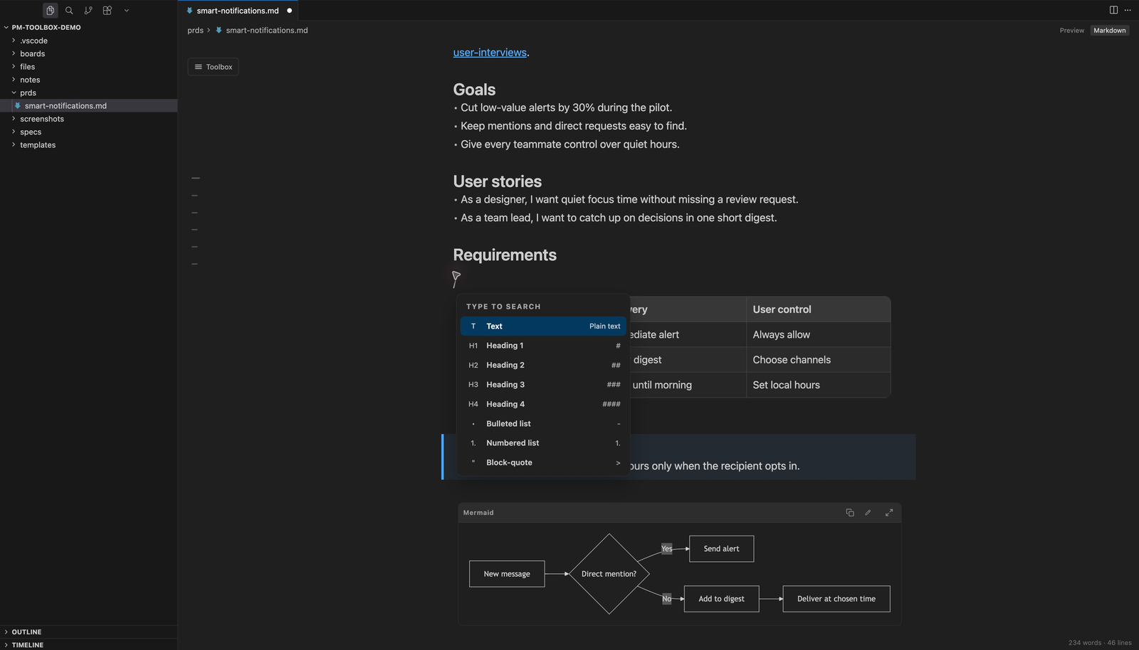 A product requirements document open in PM Toolbox inside Cursor, with the slash menu listing headings, lists, and other blocks.