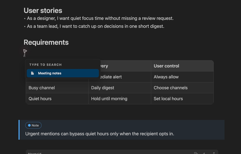 The PM Toolbox slash menu with the Meeting notes template highlighted.